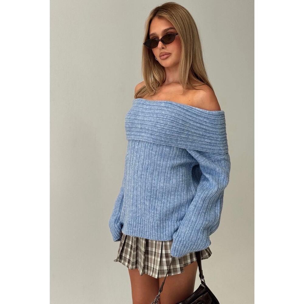 Princess Polly Snowie Off Shoulder Knit Sweater Blue Small / Medium